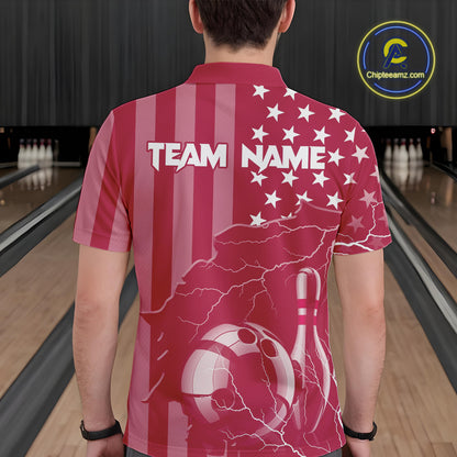 Personalized Pink American flag Lightning thunder Custom Bowling Team Shirts For Mens Bowling Jersey NQS10488