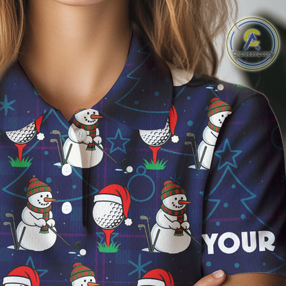 Blue Christmas Plaid pattern snowman Golf Polo Shirts For Women custom Christmas ladies golf attire NQS10902