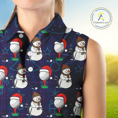 Blue Christmas Plaid pattern snowman Women Sleeveless Polo Shirt custom Christmas ladies golf attire NQS10902