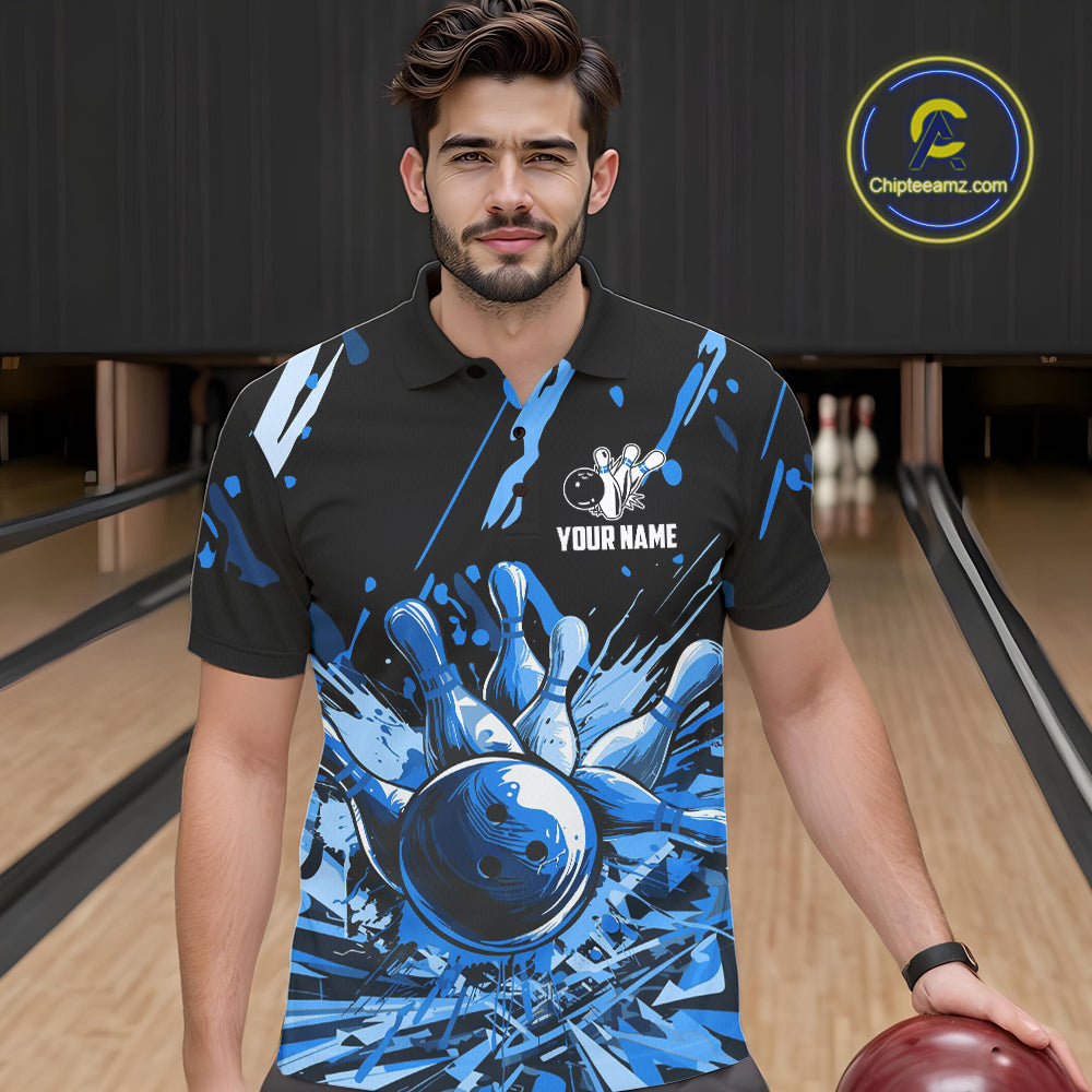 Blue bowling jerseys Bowling Polo, 1/4 Zip Shirt for Men Custom Bowling Team shirts for bowlers NQS11083