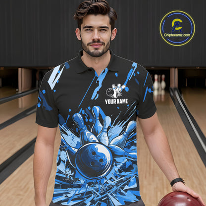 Blue bowling jerseys Bowling Polo, 1/4 Zip Shirt for Men Custom Bowling Team shirts for bowlers NQS11083