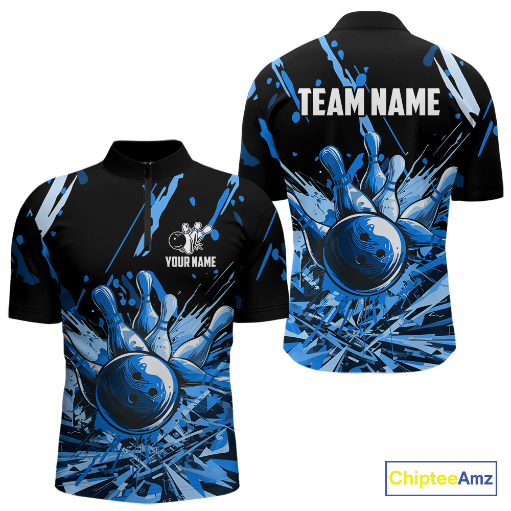 Blue bowling jerseys Bowling Polo, 1/4 Zip Shirt for Men Custom Bowling Team shirts for bowlers NQS11083