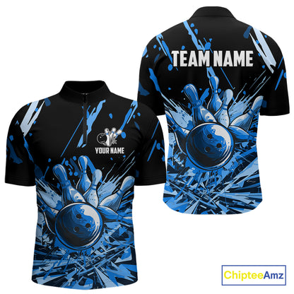 Blue bowling jerseys Bowling Polo, 1/4 Zip Shirt for Men Custom Bowling Team shirts for bowlers NQS11083