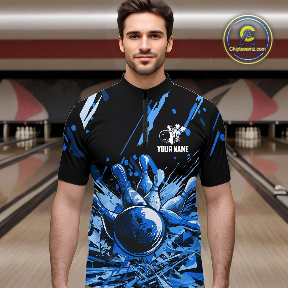 Blue bowling jerseys Bowling Polo, 1/4 Zip Shirt for Men Custom Bowling Team shirts for bowlers NQS11083