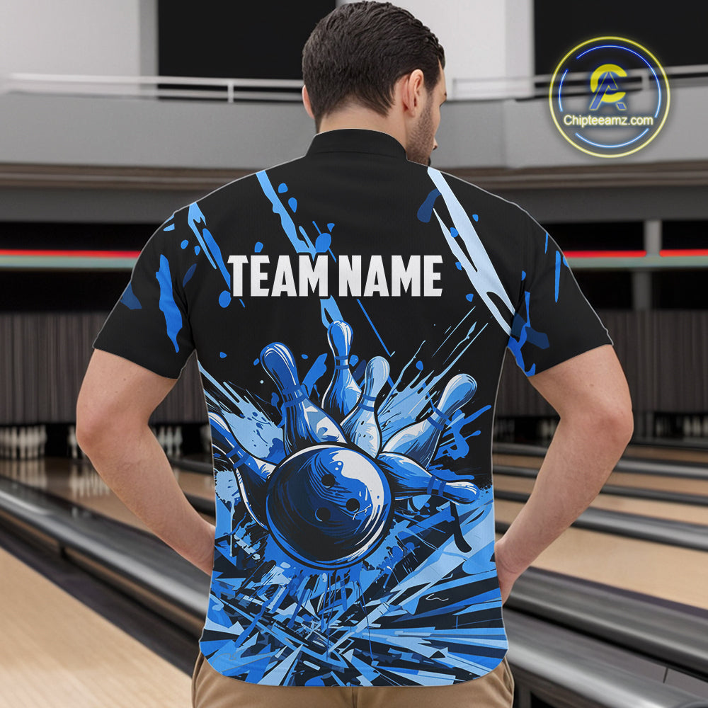Blue bowling jerseys Bowling Polo, 1/4 Zip Shirt for Men Custom Bowling Team shirts for bowlers NQS11083