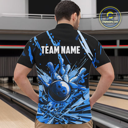 Blue bowling jerseys Bowling Polo, 1/4 Zip Shirt for Men Custom Bowling Team shirts for bowlers NQS11083