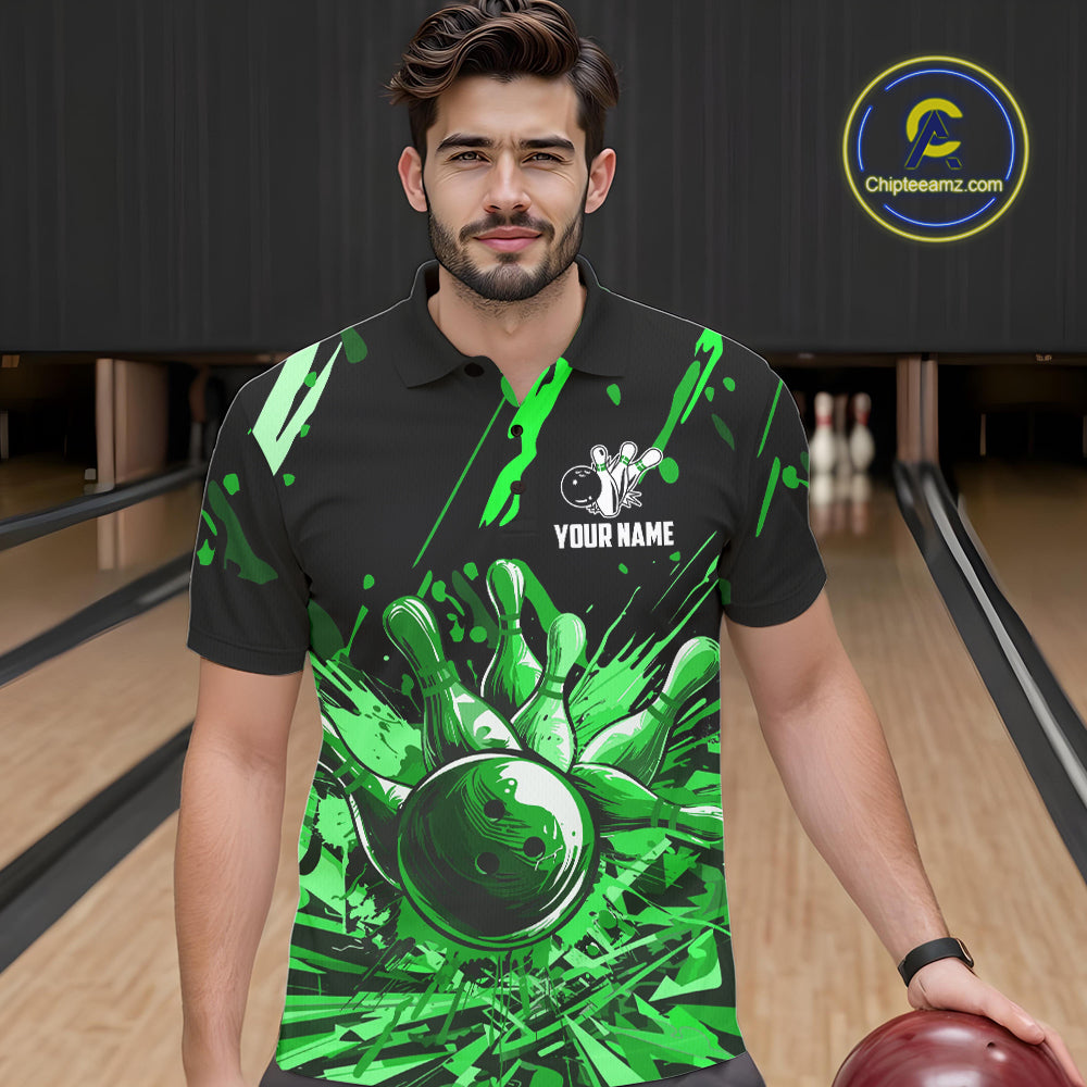 Green bowling jerseys Bowling Polo, 1/4 Zip Shirt for Men Custom Bowling Team shirts for bowlers NQS11084