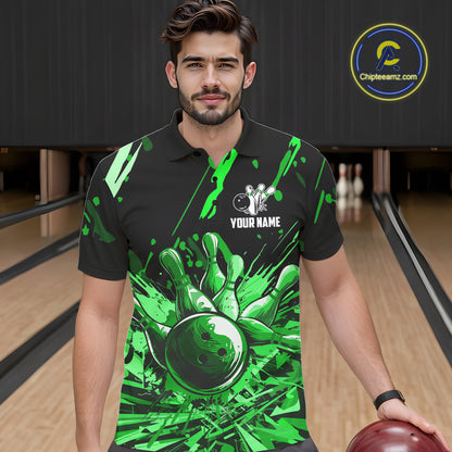 Green bowling jerseys Bowling Polo, 1/4 Zip Shirt for Men Custom Bowling Team shirts for bowlers NQS11084