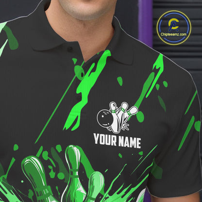 Green bowling jerseys Bowling Polo, 1/4 Zip Shirt for Men Custom Bowling Team shirts for bowlers NQS11084