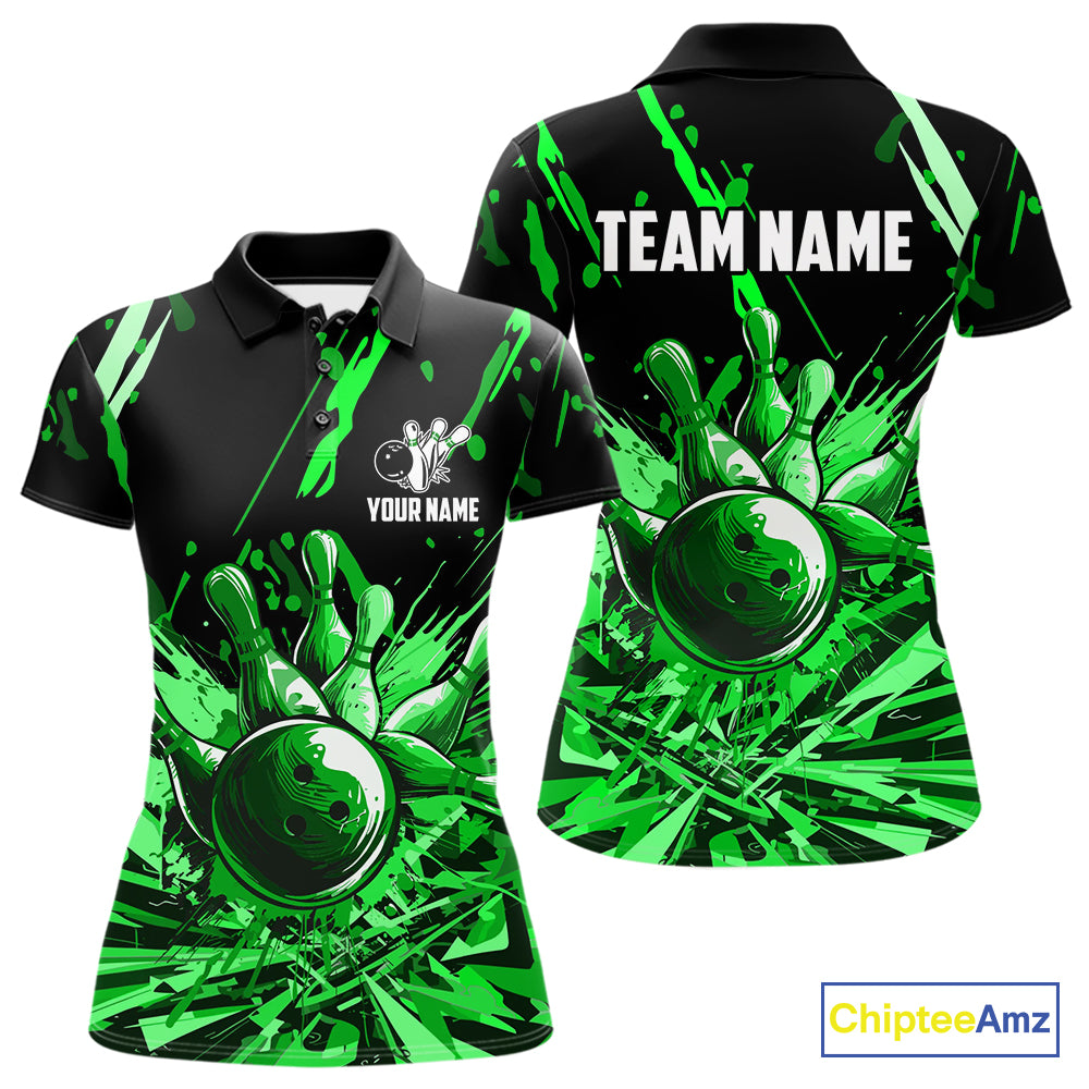 Green bowling jerseys Bowling Polo, 1/4 Zip Shirt for Women Custom Bowling Team shirts for bowlers NQS11084