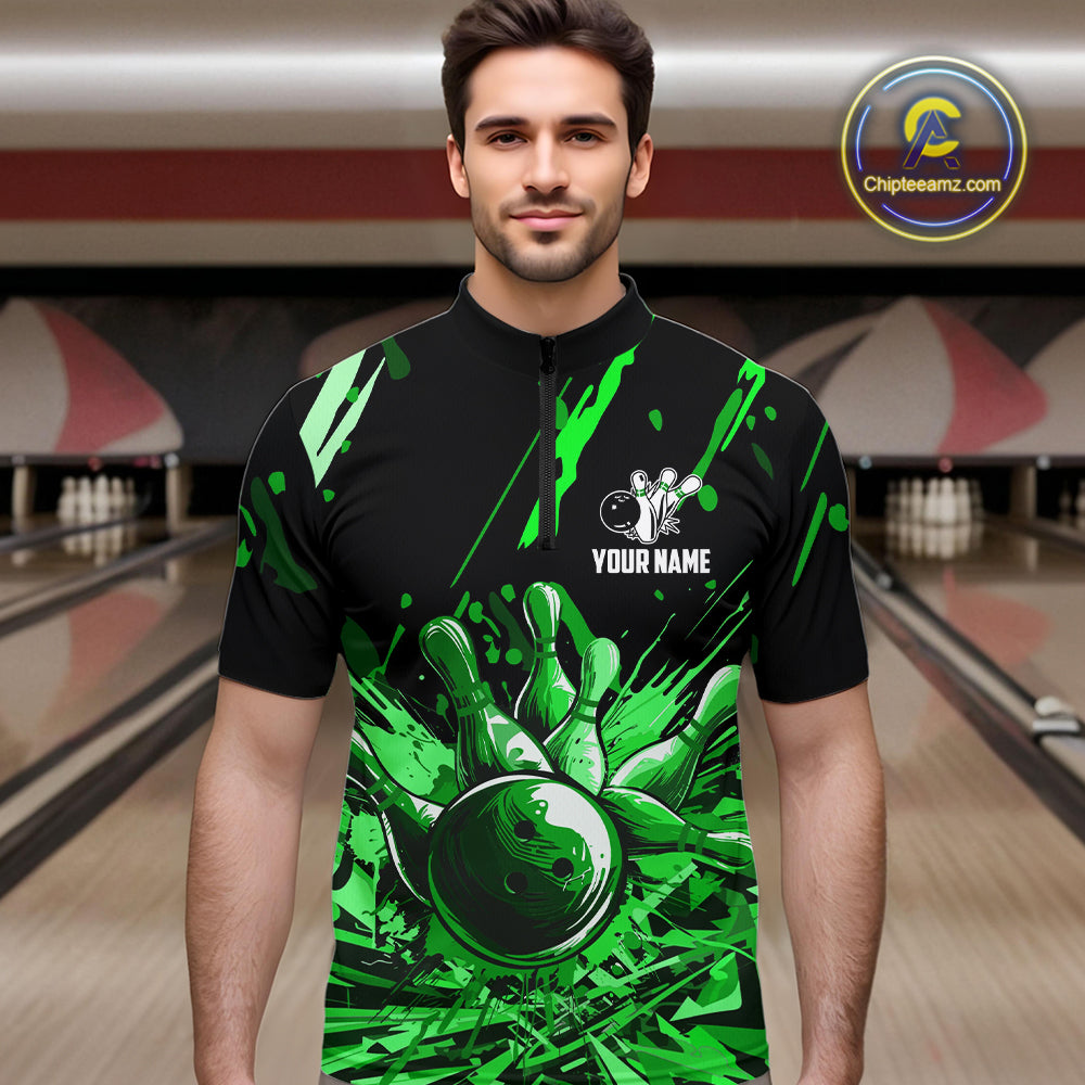 Green bowling jerseys Bowling Polo, 1/4 Zip Shirt for Men Custom Bowling Team shirts for bowlers NQS11084
