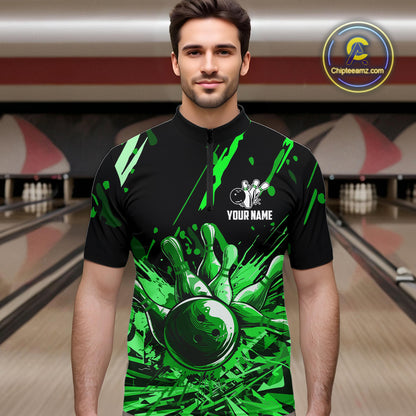 Green bowling jerseys Bowling Polo, 1/4 Zip Shirt for Men Custom Bowling Team shirts for bowlers NQS11084