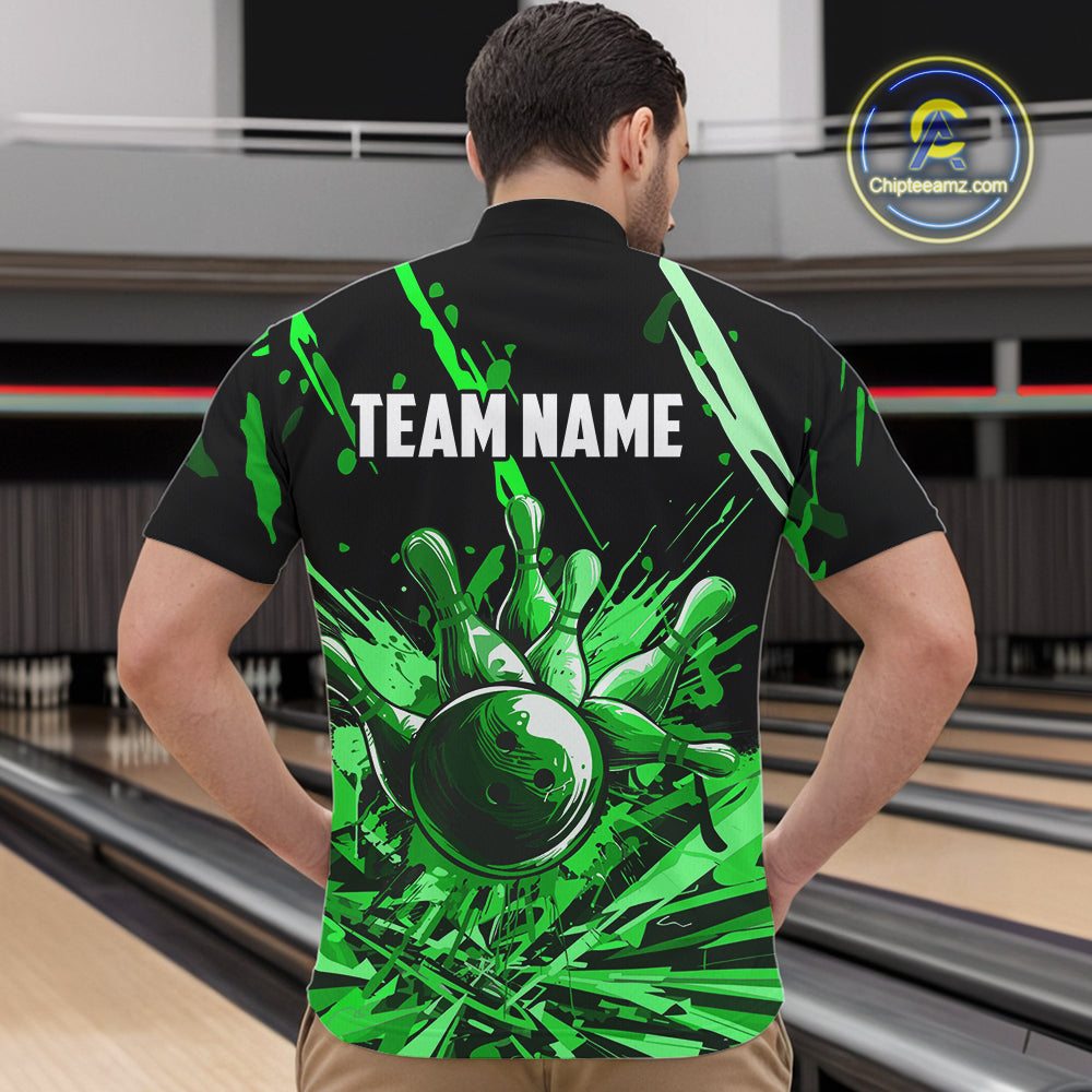 Green bowling jerseys Bowling Polo, 1/4 Zip Shirt for Men Custom Bowling Team shirts for bowlers NQS11084