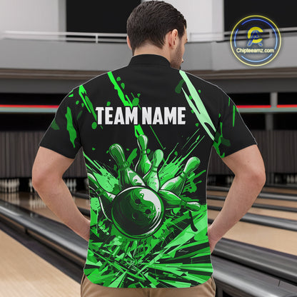 Green bowling jerseys Bowling Polo, 1/4 Zip Shirt for Men Custom Bowling Team shirts for bowlers NQS11084