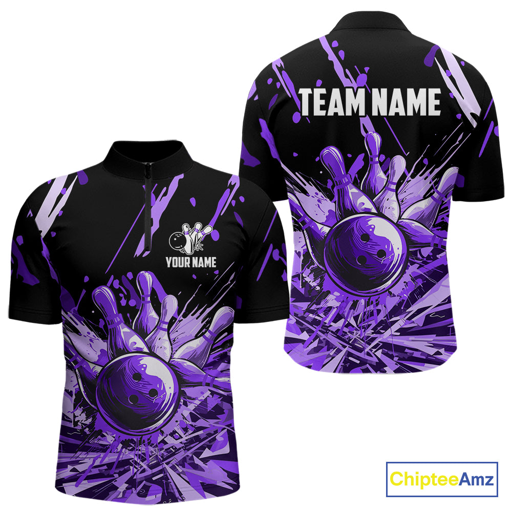 Purple bowling jerseys Bowling Polo, 1/4 Zip Shirt for Men Custom Bowling Team shirts for bowlers NQS11085