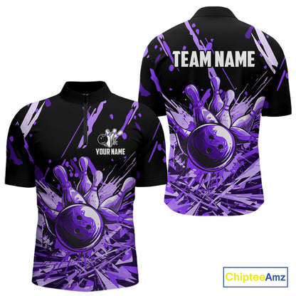 Purple bowling jerseys Bowling Polo, 1/4 Zip Shirt for Men Custom Bowling Team shirts for bowlers NQS11085
