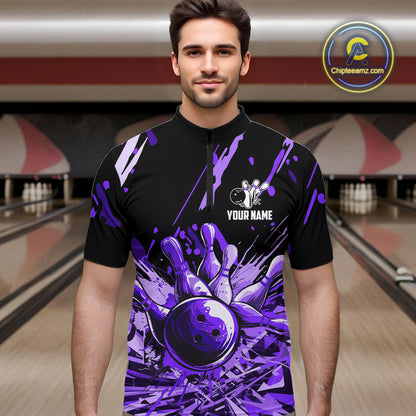 Purple bowling jerseys Bowling Polo, 1/4 Zip Shirt for Men Custom Bowling Team shirts for bowlers NQS11085