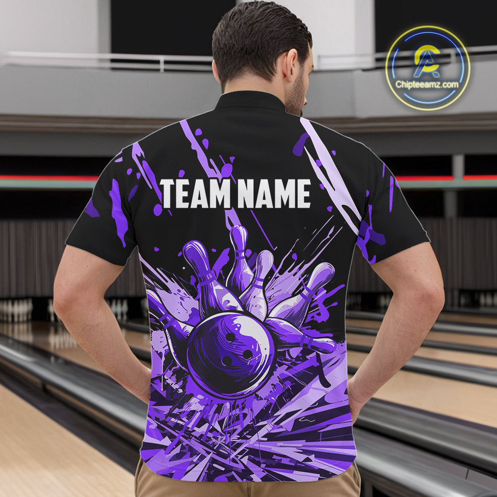 Purple bowling jerseys Bowling Polo, 1/4 Zip Shirt for Men Custom Bowling Team shirts for bowlers NQS11085