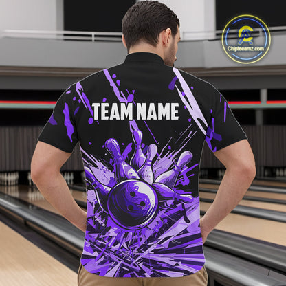 Purple bowling jerseys Bowling Polo, 1/4 Zip Shirt for Men Custom Bowling Team shirts for bowlers NQS11085