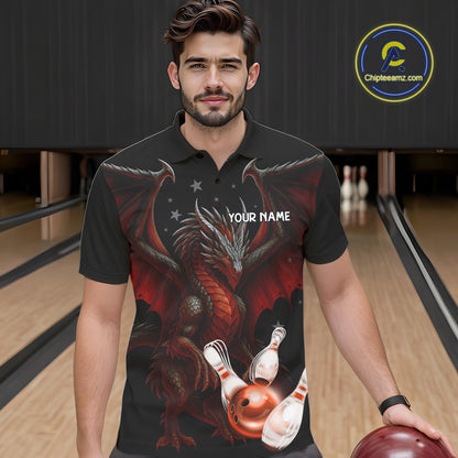 Custom Black And Red Dragon Bowling Shirts For Men, Team Bowling League Shirts NQS11090