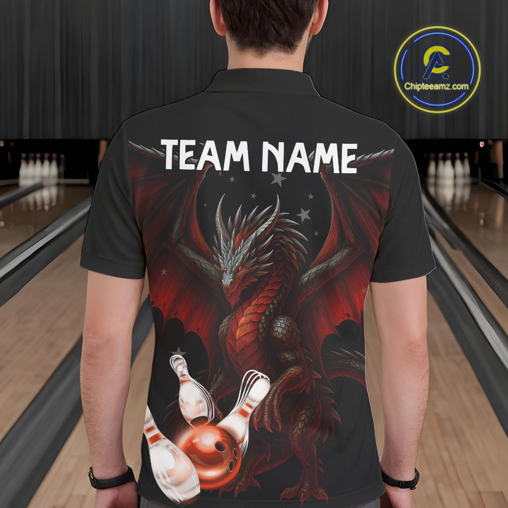 Custom Black And Red Dragon Bowling Shirts For Men, Team Bowling League Shirts NQS11090