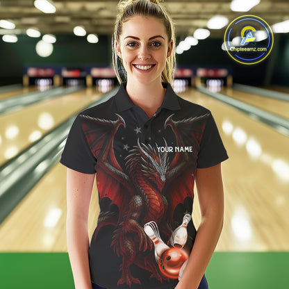 Custom Black And Red Dragon Bowling Shirts For Women, Team Bowling League Shirts NQS11090