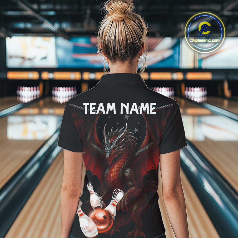 Custom Black And Red Dragon Bowling Shirts For Women, Team Bowling League Shirts NQS11090