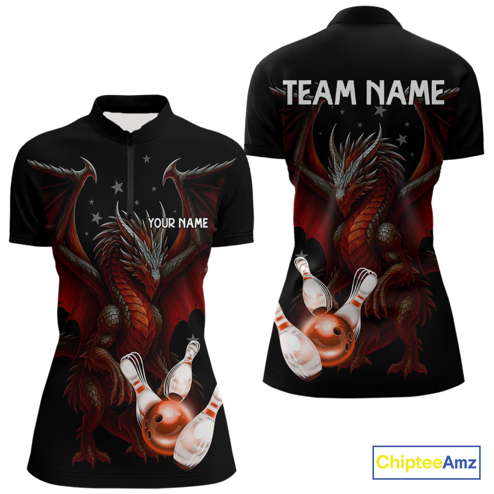 Custom Black And Red Dragon Bowling Shirts For Women, Team Bowling League Shirts NQS11090