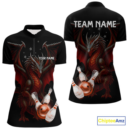 Custom Black And Red Dragon Bowling Shirts For Women, Team Bowling League Shirts NQS11090