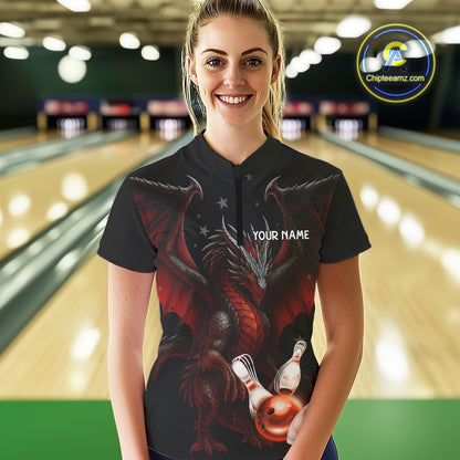 Custom Black And Red Dragon Bowling Shirts For Women, Team Bowling League Shirts NQS11090
