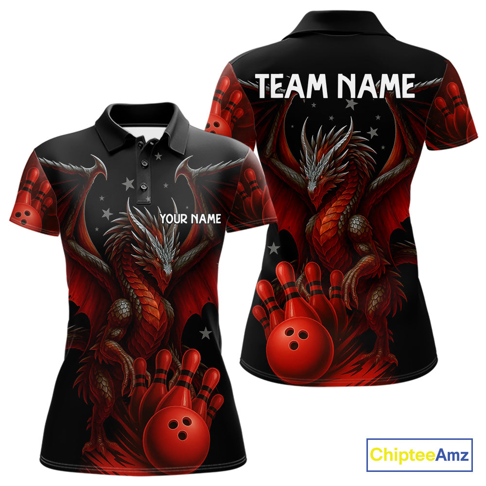 Black And Red Dragon Bowling Shirts For Women Custom Name Team Bowling League Jersey, Bowling Gifts NQS11091