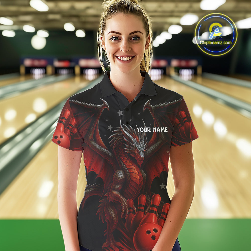 Black And Red Dragon Bowling Shirts For Women Custom Name Team Bowling League Jersey, Bowling Gifts NQS11091