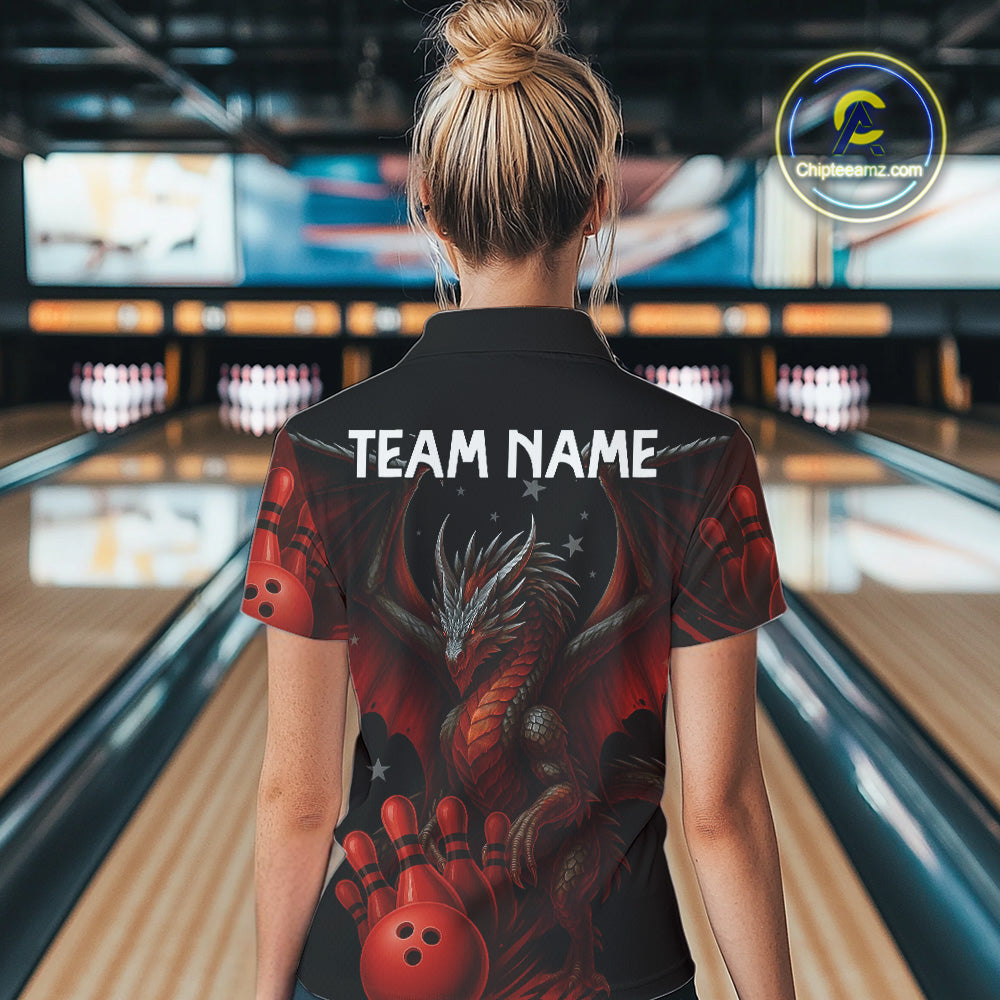 Black And Red Dragon Bowling Shirts For Women Custom Name Team Bowling League Jersey, Bowling Gifts NQS11091