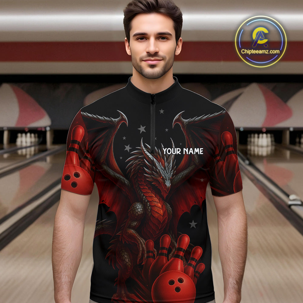 Black And Red Dragon Bowling Shirts For Men Custom Name Team Bowling League Jersey, Bowling Gifts NQS11091