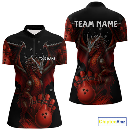 Black And Red Dragon Bowling Shirts For Women Custom Name Team Bowling League Jersey, Bowling Gifts NQS11091