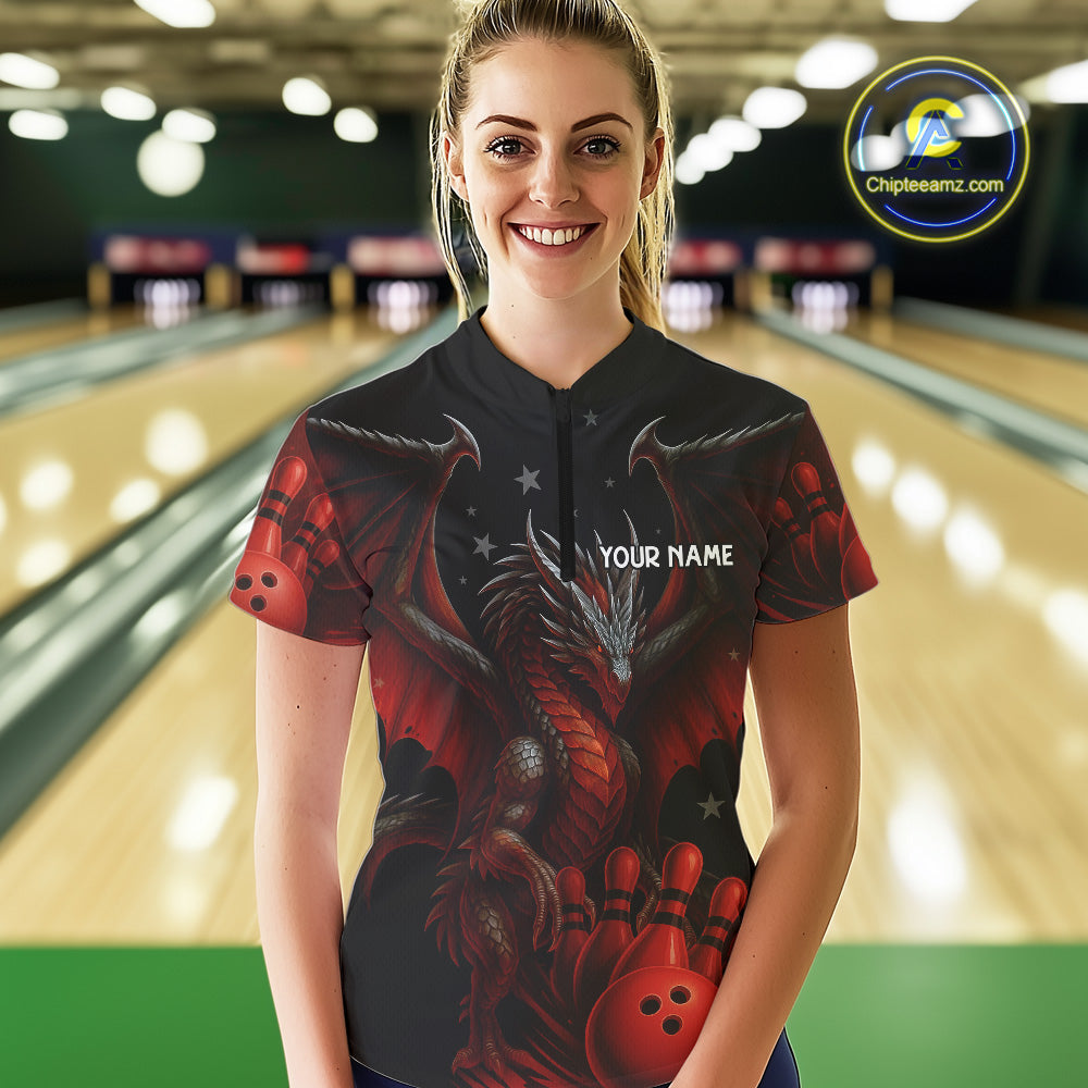 Black And Red Dragon Bowling Shirts For Women Custom Name Team Bowling League Jersey, Bowling Gifts NQS11091