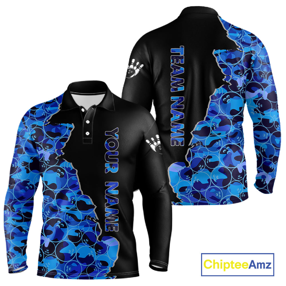 Black and Blue Camo Team Bowling Shirts For Men Custom bowling shirts with name, Team Bowling Jerseys NQS11508