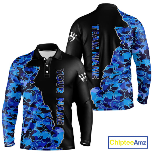 Black and Blue Camo Team Bowling Shirts For Men Custom bowling shirts with name, Team Bowling Jerseys NQS11508
