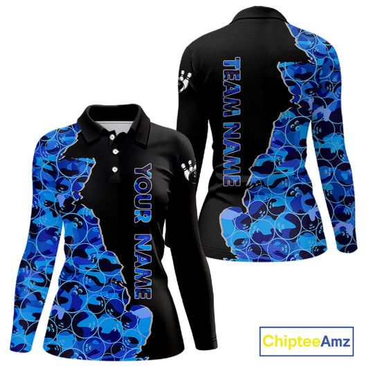 Black & Blue Camo Team Bowling Shirts For Women Custom bowling shirts with name, Team Bowling Jerseys NQS11508
