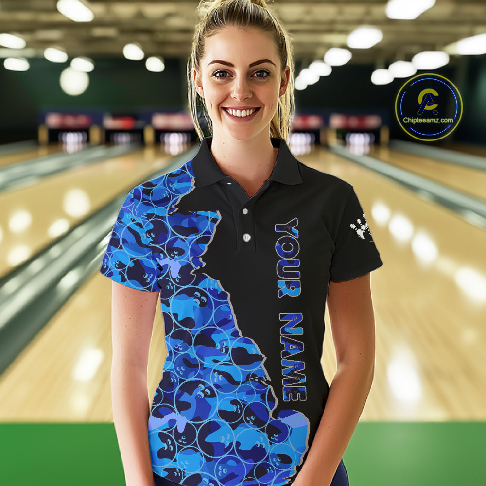 Black & Blue Camo Team Bowling Shirts For Women Custom bowling shirts with name, Team Bowling Jerseys NQS11508