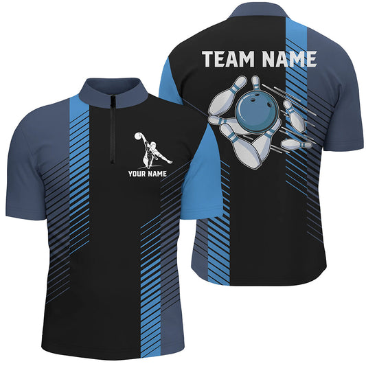 Black and blue bowling shirt for men custom Men Bowling Quarter Zip Shirts, team bowling jerseys NQS7502