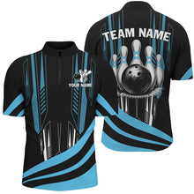Load image into Gallery viewer, Black Mens Bowling polo, quarter zip shirt Custom Bowling Team League Jerseys, gift for Bowlers | Blue NQS7660
