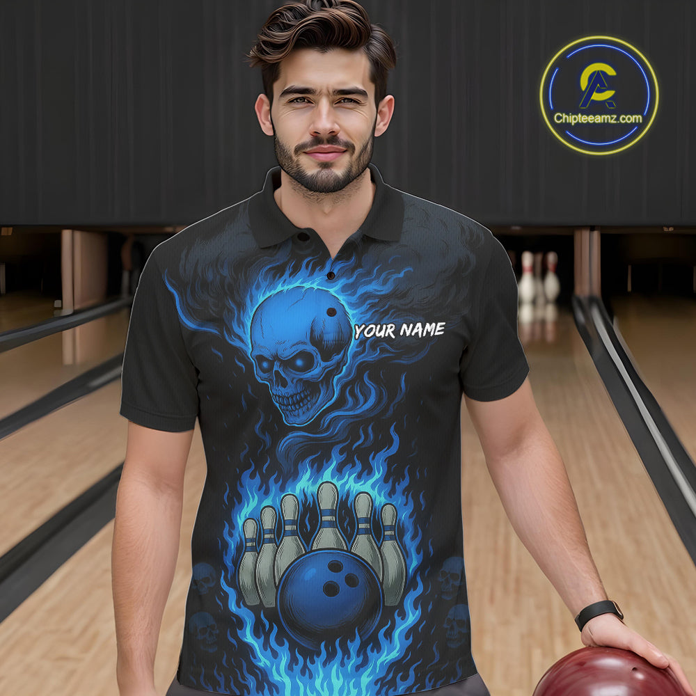 Blue Flame Lightning Thunder Skull Reaper Bowling Shirts for Men Custom Bowling Team League Jersey NQS10908