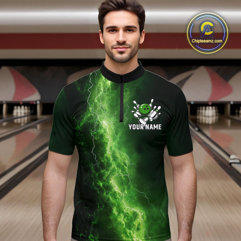 Men's Bowling Shirts Custom Green Lightning Thunder Bowling Team Jersey, gift for team Bowlers NQS10910