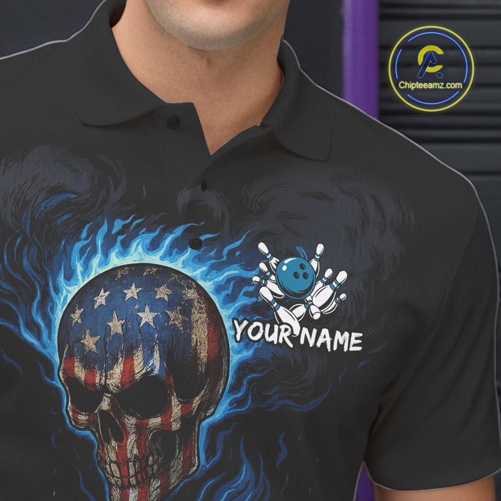 Custom Black and Blue Flame American Flag Skull Bowling Shirts for Men, Bowling Team League Jersey NQS10913