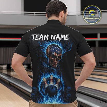Custom Black and Blue Flame American Flag Skull Bowling Shirts for Men, Bowling Team League Jersey NQS10913