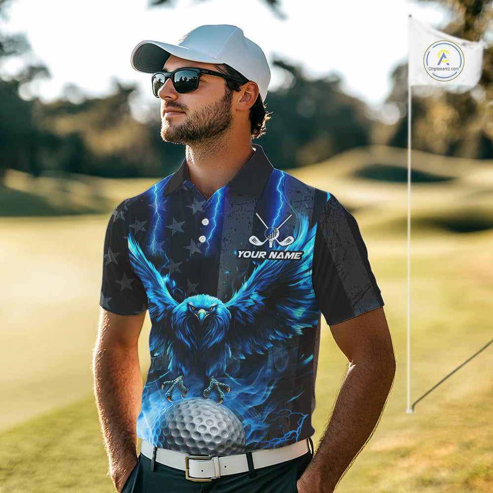 Black American flag Men golf polo shirts Custom blue lightning thunder Eagle patriotic team Golf top NQS11093
