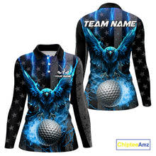 Load image into Gallery viewer, Black American flag Women golf polo shirt Custom blue lightning thunder Eagle patriotic team Golf top NQS11093