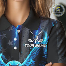 Load image into Gallery viewer, Black American flag Women golf polo shirt Custom blue lightning thunder Eagle patriotic team Golf top NQS11093
