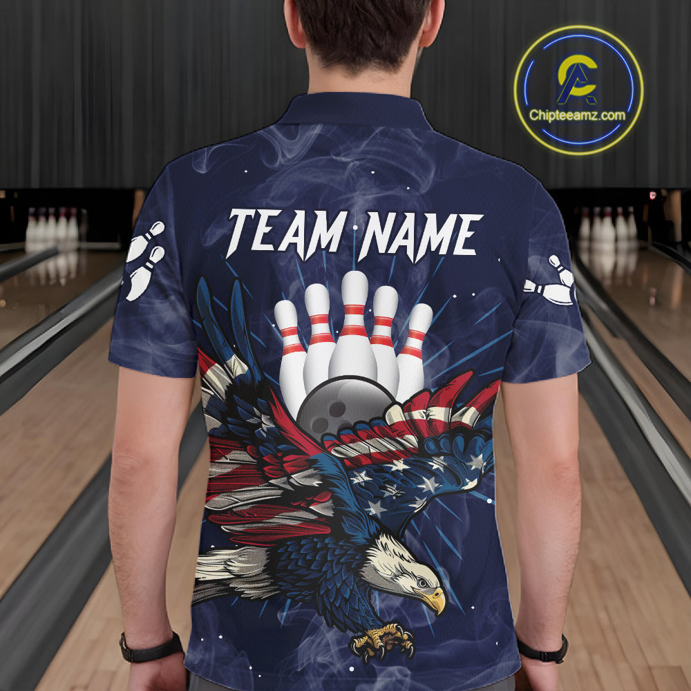 Blue Smoke American Flag Eagle Bowling Shirts For Men Custom patriotic Bowling Team Jersey NQS11288